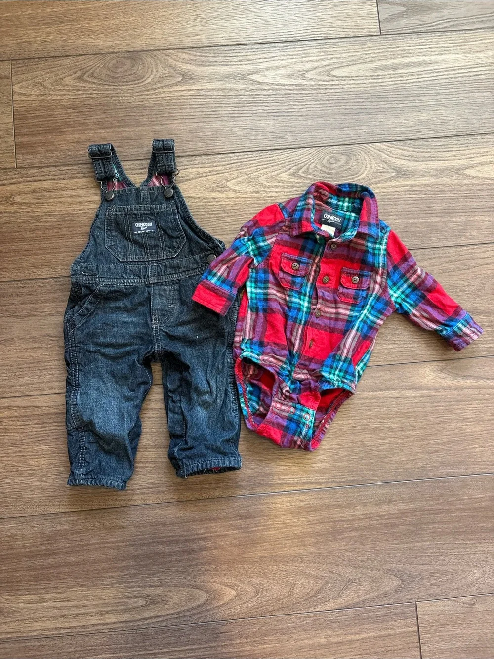 Oshkosh B’gosh Flannel Lined Denim Overalls & Plaid Onesie Set
